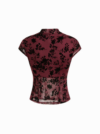 Floral Lace Round Neckline Bowknot Tie Front Top