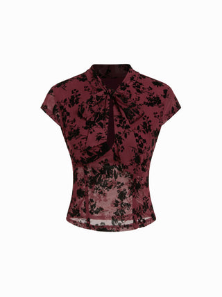 Floral Lace Round Neckline Bowknot Tie Front Top