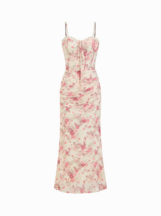 Mesh Sweetheart Neck Floral Ruched High Rise Maxi Dress