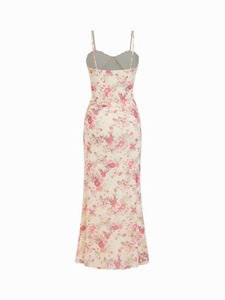 Mesh Sweetheart Neck Floral Ruched High Rise Maxi Dress