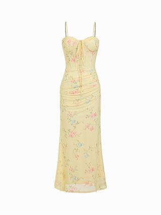 Mesh Sweetheart Neck Floral Ruched High Rise Maxi Dress