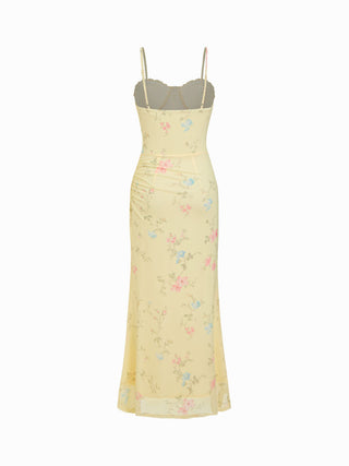 Mesh Sweetheart Neck Floral Ruched High Rise Maxi Dress