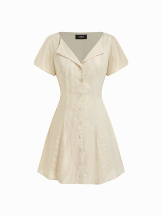 Cotton-blend Striped Puff Sleeve Twist Knotted A-line Mini Dress