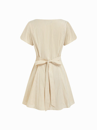 Cotton-blend Striped Puff Sleeve Twist Knotted A-line Mini Dress