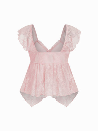 Lace Sweetheart Neck Ruffle Sleeve Bowknot Asymmetrical Hem Top