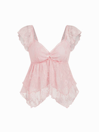 Lace Sweetheart Neck Ruffle Sleeve Bowknot Asymmetrical Hem Top
