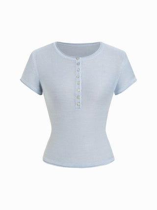 Linen-blend Henley Neck Short Sleeve Top