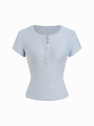 Linen-blend Henley Neck Short Sleeve Top