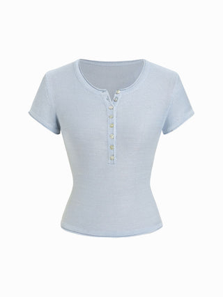 Linen-blend Henley Neck Short Sleeve Top