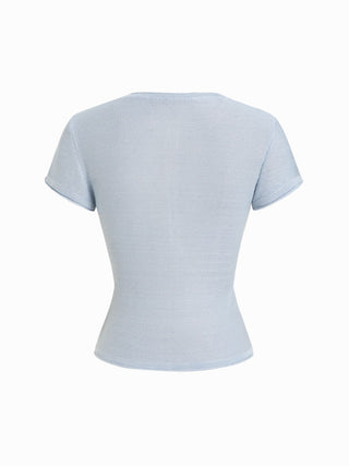 Linen-blend Henley Neck Short Sleeve Top