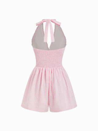 Gingham Halter Neckline Shirred Romper