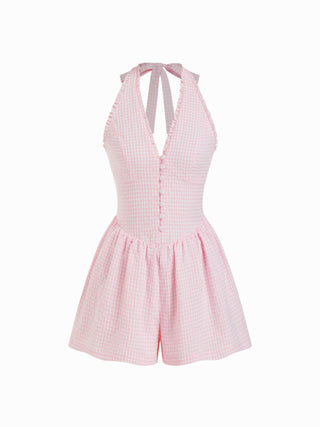 Gingham Halter Neckline Shirred Romper