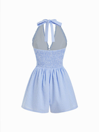 Gingham Halter Neckline Shirred Romper