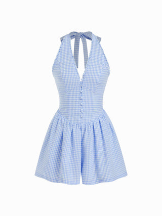 Gingham Halter Neckline Shirred Romper