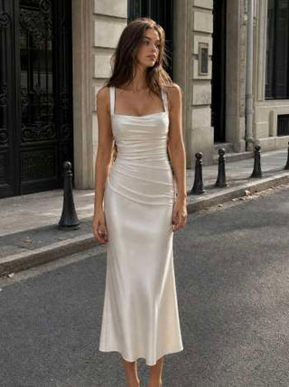 Satin Sculptural Square Neck Ruched Mermaid Maxi Dress