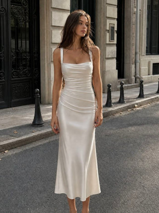Satin Sculptural Square Neck Ruched Mermaid Maxi Dress