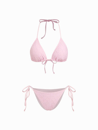 Cotton-blend Geometric Floral Lace Halter Neck Triangle Bikini Set