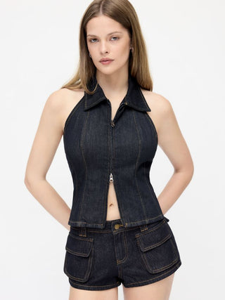 Denim Stretch Denim Washed Halter Neck Zip Through Crop Top For Daily Casual Party/Clubbing