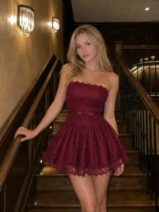 Lace Strapless Bowknot Flared Mini dress