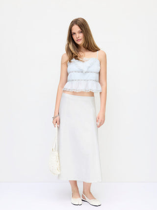 Stretch Denim High Rise Washed Pleated A-line Flare Midi Skirt