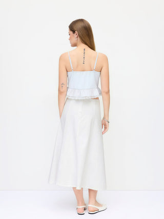 Stretch Denim High Rise Washed Pleated A-line Flare Midi Skirt
