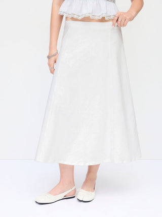 Stretch Denim High Rise Washed Pleated A-line Flare Midi Skirt