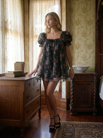 Woven Organza Floral Square Neck Puff Sleeve Bowknot Textured Babydoll Mini Dress For Daily Casual Date