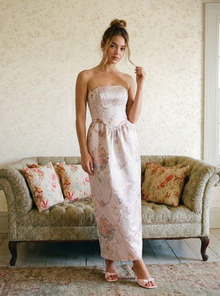 Jacquard Jacquard Floral Bandeau Bowknot Bubble Maxi Dress For Date Wedding