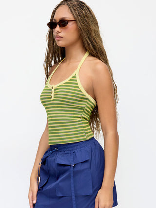 Cotton-blend Textured Stripe Halter Neckline Colorblock Top