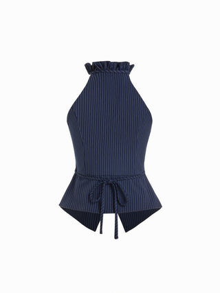 Mandarin Collar Stripe Cut Out Tie Back Top