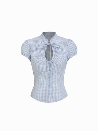Cotton-blend Gingham Stand Collar Puff Sleeve Bowknot Cut Out Blouse