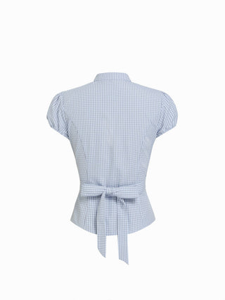 Cotton-blend Gingham Stand Collar Puff Sleeve Bowknot Cut Out Blouse