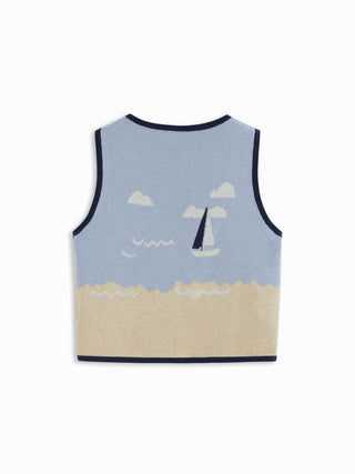 Knit Cotton-blend Beach Scenery Graphic Embroidery Tie Front Vest