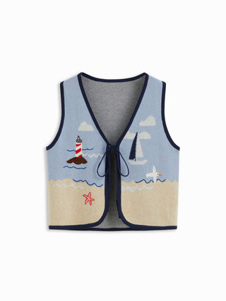 Knit Cotton-blend Beach Scenery Graphic Embroidery Tie Front Vest