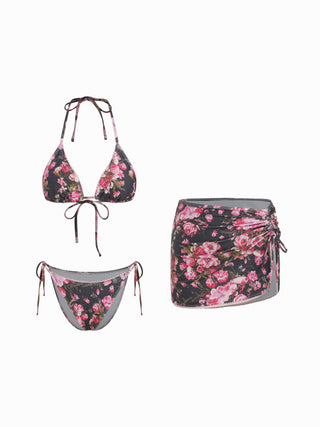 Floral Triangle Side Tie Bikini Set with Sarong