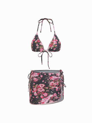 Floral Triangle Side Tie Bikini Set with Sarong