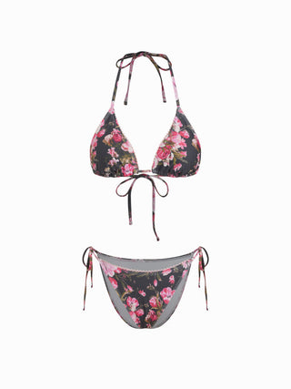 Floral Triangle Side Tie Bikini Set with Sarong
