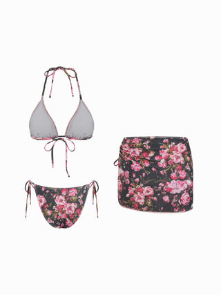 Floral Triangle Side Tie Bikini Set with Sarong