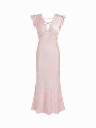 Satin Textured Floral V-neck Ruffle Sleeve Mermaid Maxi Dress