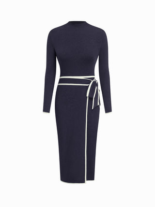 Turtleneck Belted Bowknot Knitted Maxi Dress