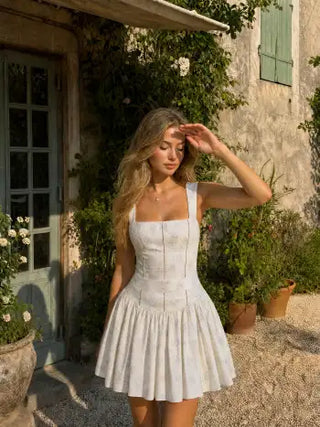 corset Cotton Cotton-blend Floral Square Neck Pleated Flared Mini Dress For Daily Casual Picnic