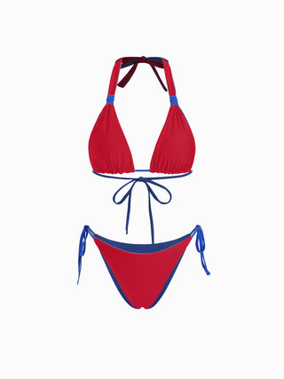 Colorblock Reversible Halter Neck Ruched Tie Side Triangle Bikini Set