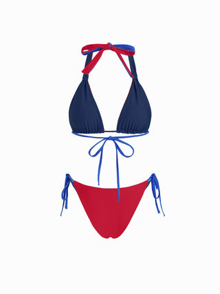 Colorblock Reversible Halter Neck Ruched Tie Side Triangle Bikini Set