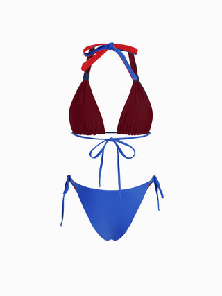 Colorblock Reversible Halter Neck Ruched Tie Side Triangle Bikini Set