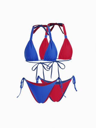 Colorblock Reversible Halter Neck Ruched Tie Side Triangle Bikini Set