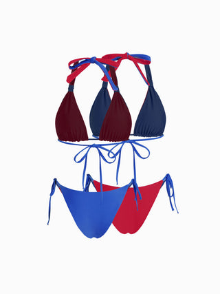 Colorblock Reversible Halter Neck Ruched Tie Side Triangle Bikini Set