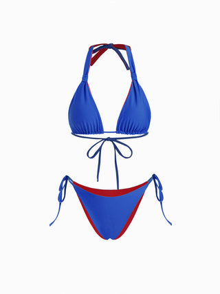 Colorblock Reversible Halter Neck Ruched Tie Side Triangle Bikini Set