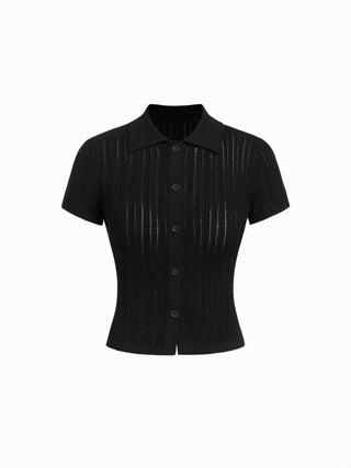 Hollow Out Short Sleeve Button Up Polo Knit Top