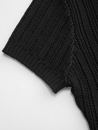 Hollow Out Short Sleeve Button Up Polo Knit Top