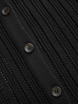 Hollow Out Short Sleeve Button Up Polo Knit Top